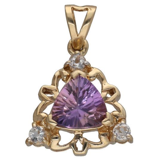 Gold-tone pendant with teardrop amethyst-like purple center and clear side stones