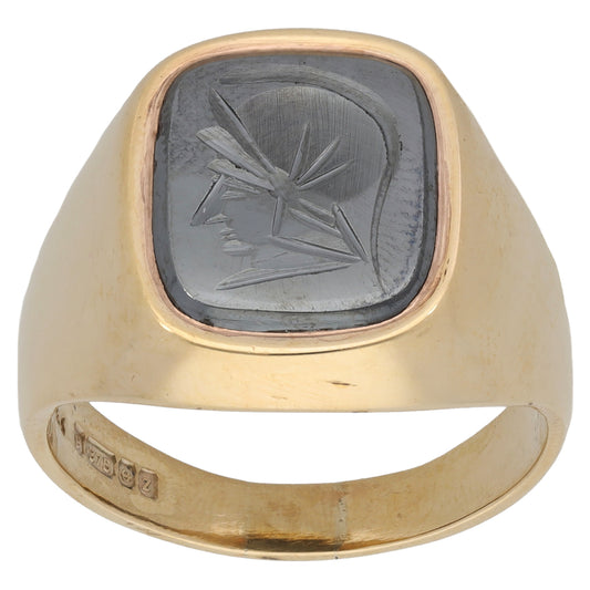 9ct Gold Hematite Crest/Emblem Signet Ring Size X
