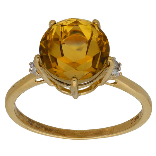 9ct Gold Citrine & 0.02ct Diamond Single Stone Ring With Accents Size S