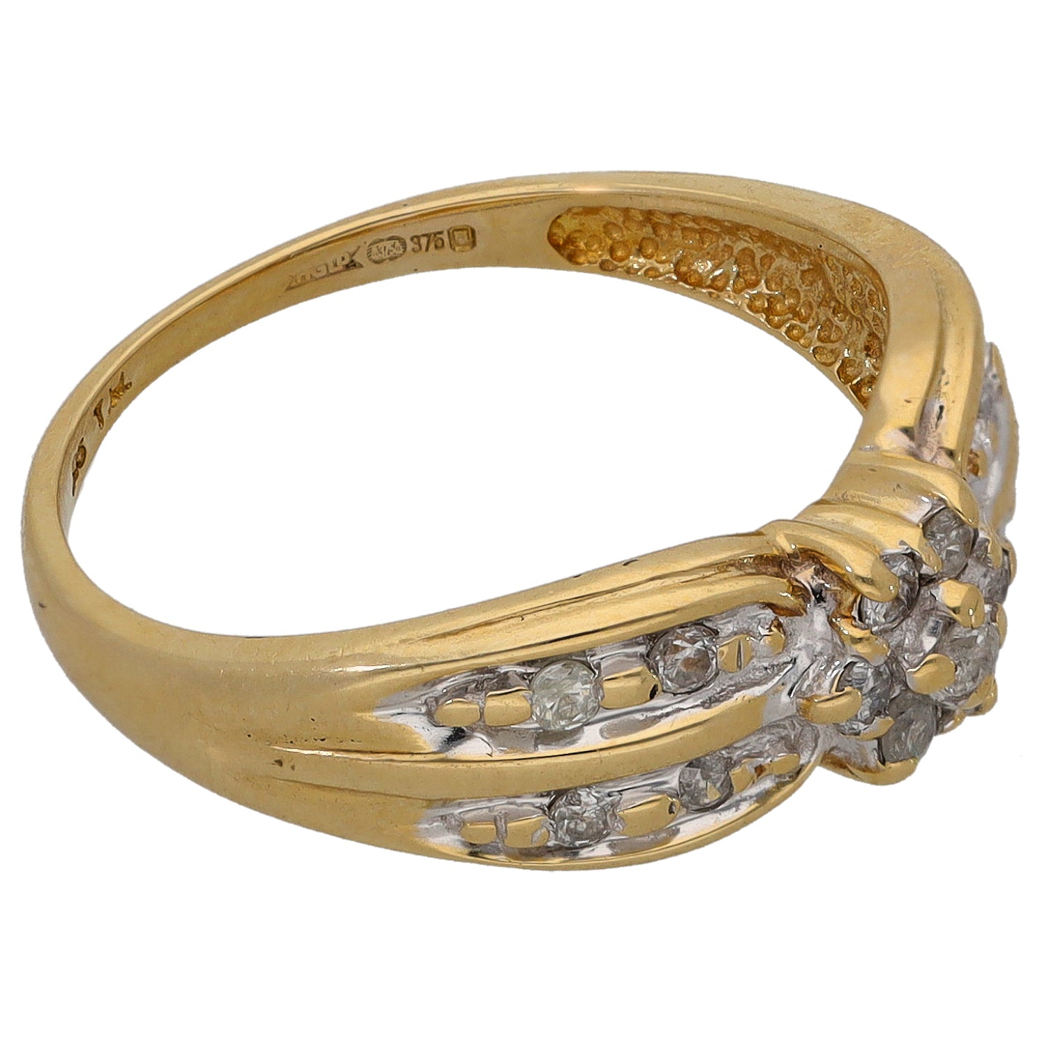 9ct gold diamond cluster ring, side view with prong-set round stones
