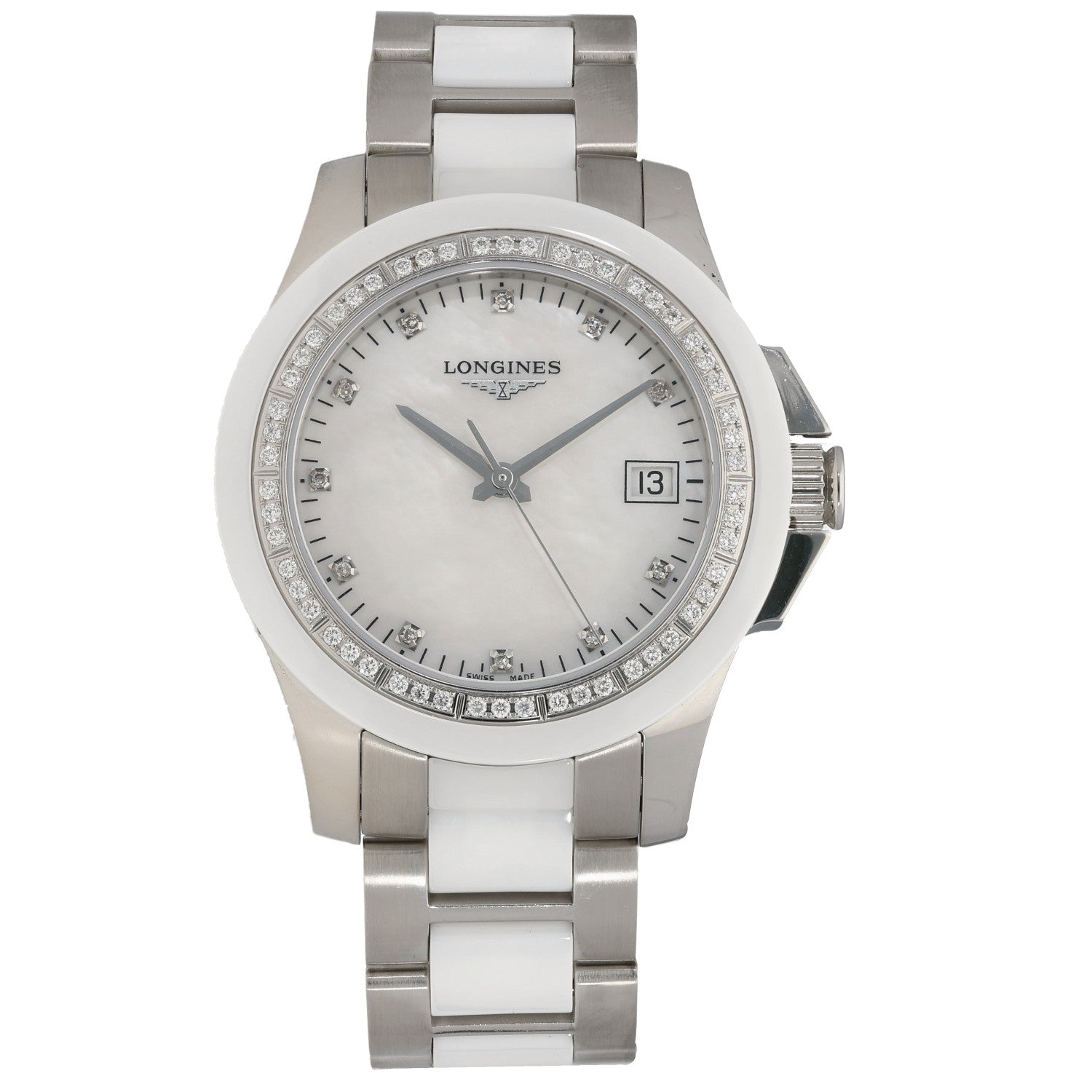 Longines Conquest Classic L3.281.0, Mother of Pearl dial, Stainless Steel & Ceramic, Front Angle