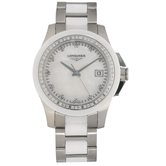 Longines Conquest Classic L3.281.0 stainless steel wristwatch with diamond bezel, white dial, date window