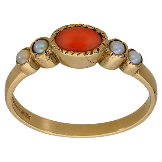 9ct Gold Coral & Cultured Pearl Dress/Cocktail Ring Size M