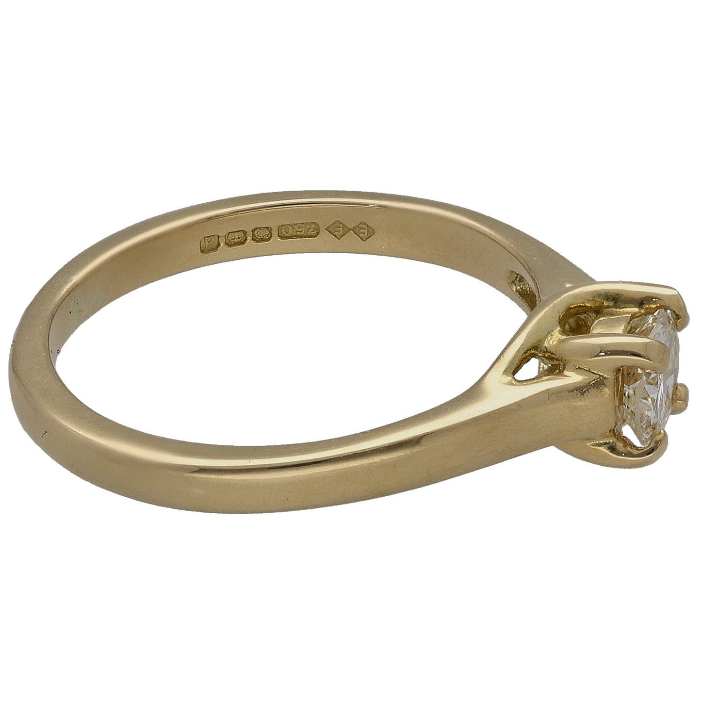 Gold band with hallmark marks and side view of round diamond solitaire setting