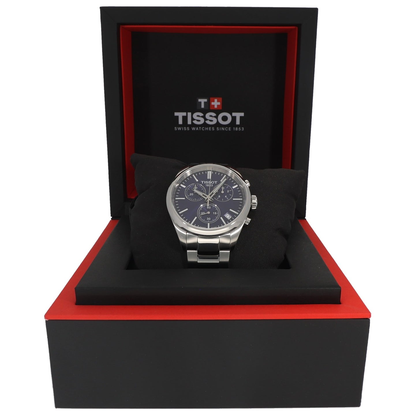 Tissot PR 100 T150417A stainless steel wristwatch with dark blue chronograph dial and subdials, in box