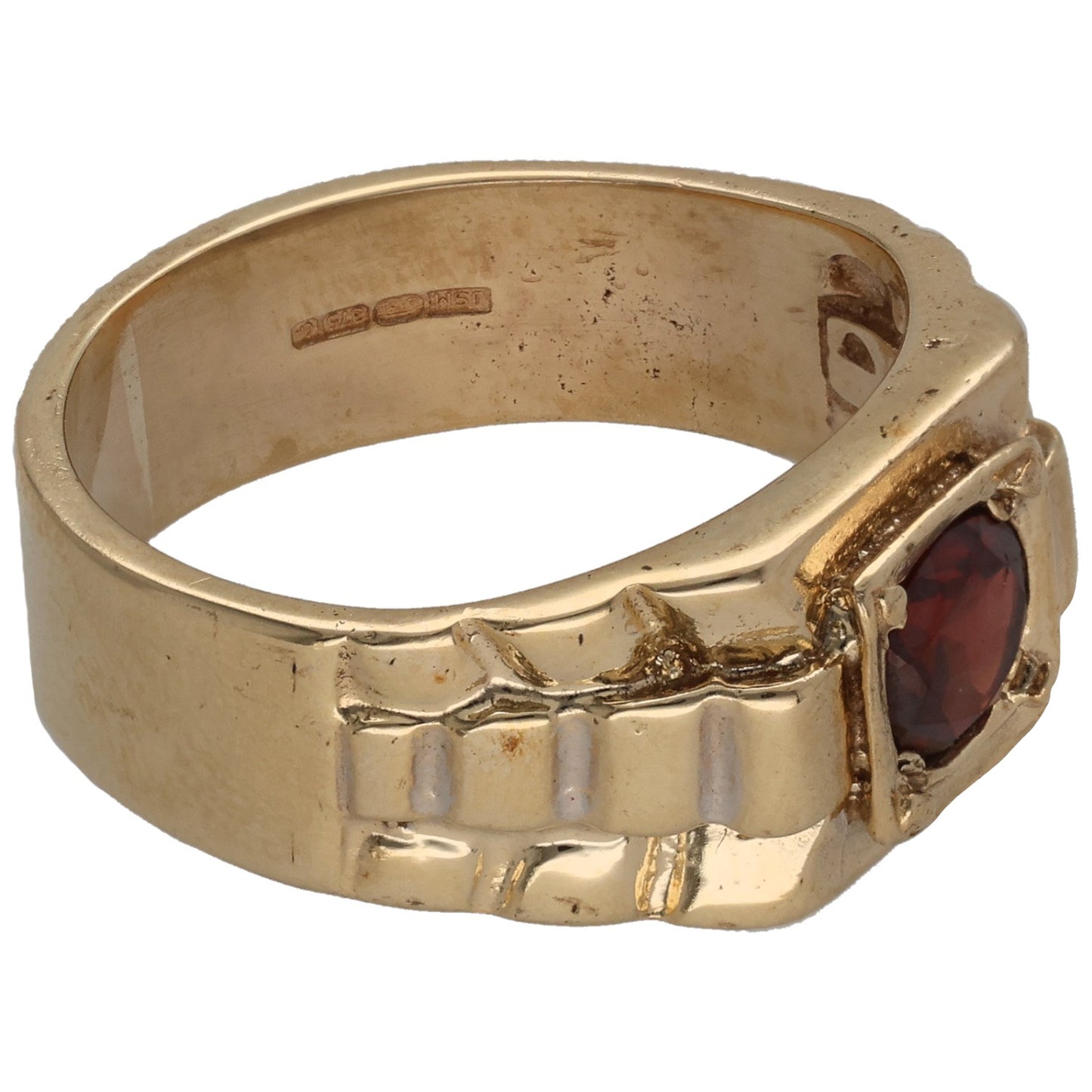 Gold signet ring with maroon garnet side setting, textured pattern and hallmark markings