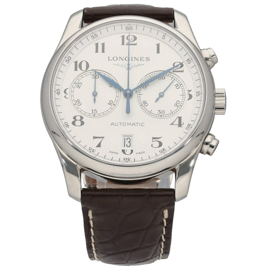 Longines Master Collection L2.629.4 Stainless steel automatic wristwatch with white dial and dark brown leather strap
