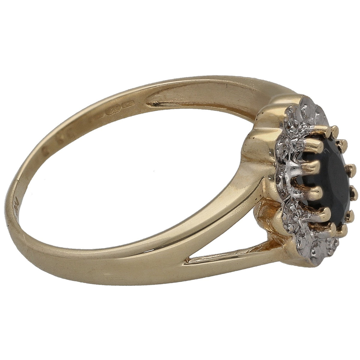 9ct gold ring side view with dark oval center stone and diamond cluster halo