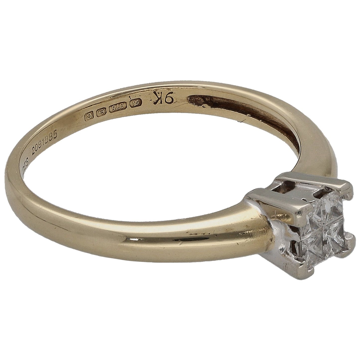 9ct gold square diamond ring with side view of prong-set center stone