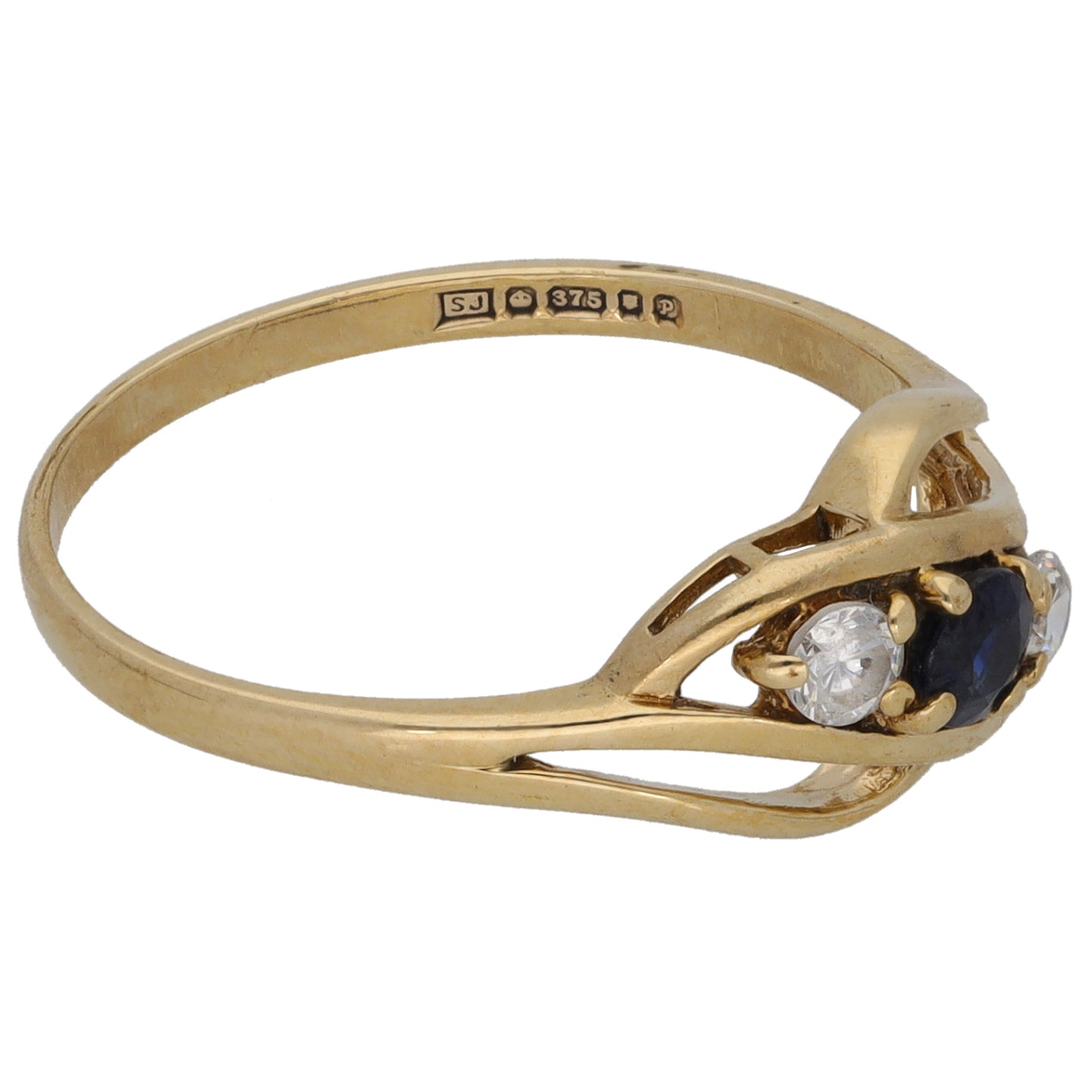 9ct Gold Sapphire & Cubic Zirconia Trilogy Ring Size N