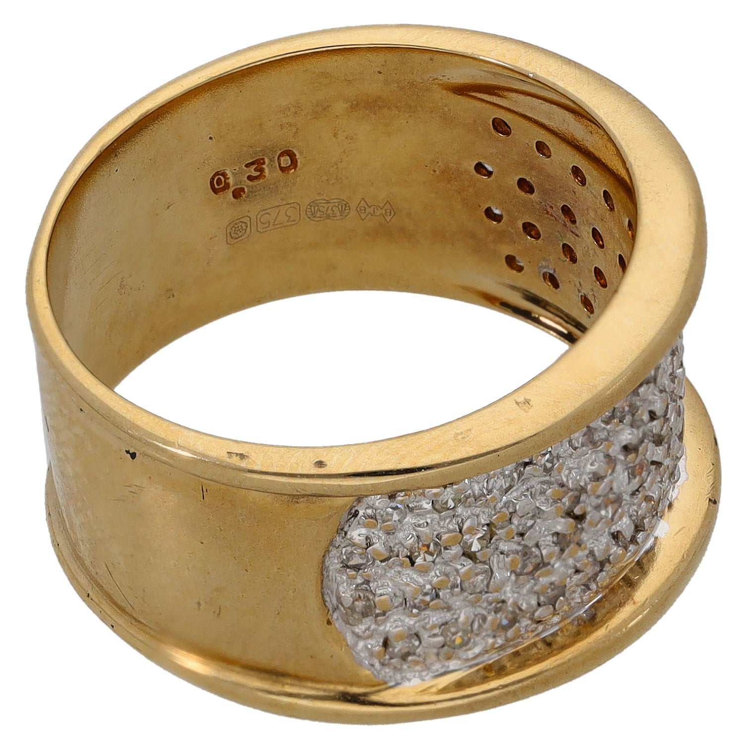 9ct gold dress ring with diamond-set textured panel, wide band