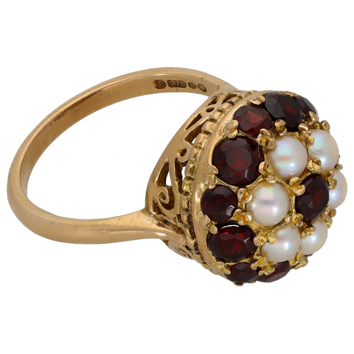 9ct gold ring with round garnet stones and white cultured pearls in a halo cluster
