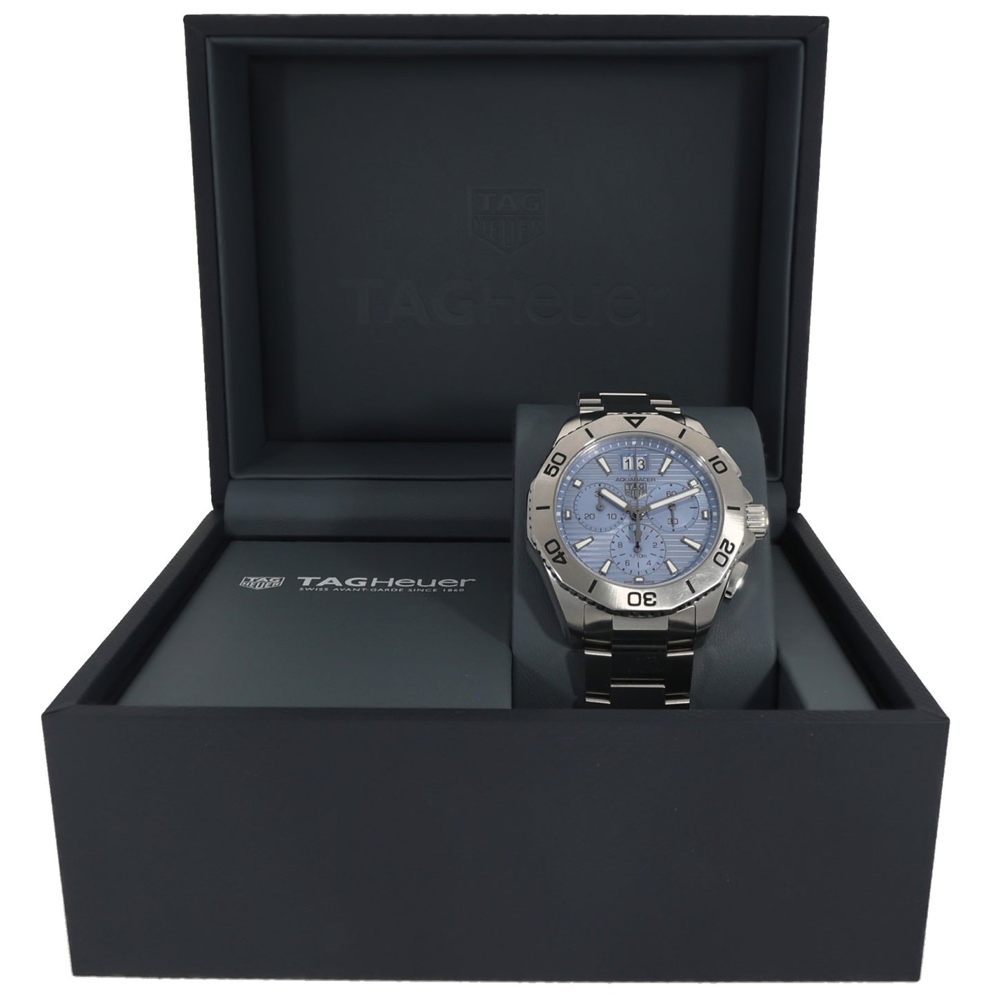 Tag Heuer Aquaracer CBP1112 Blue dial stainless steel watch displayed in open black TAG Heuer gift box