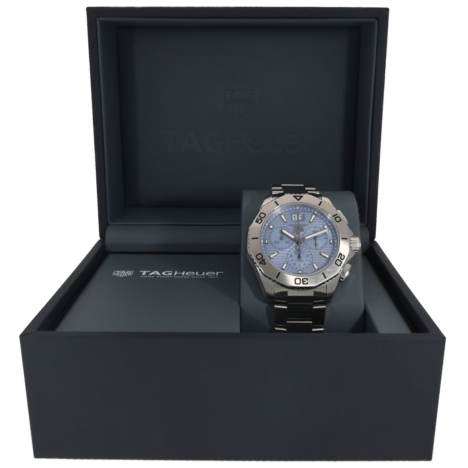 Tag Heuer Aquaracer CBP1112 Blue dial stainless steel watch displayed in open black TAG Heuer gift box