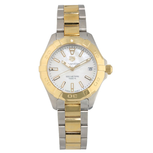 Tag Heuer Aquaracer WBD1320, white Mother of Pearl dial inside 32mm stainless steel and gold case and bracelet