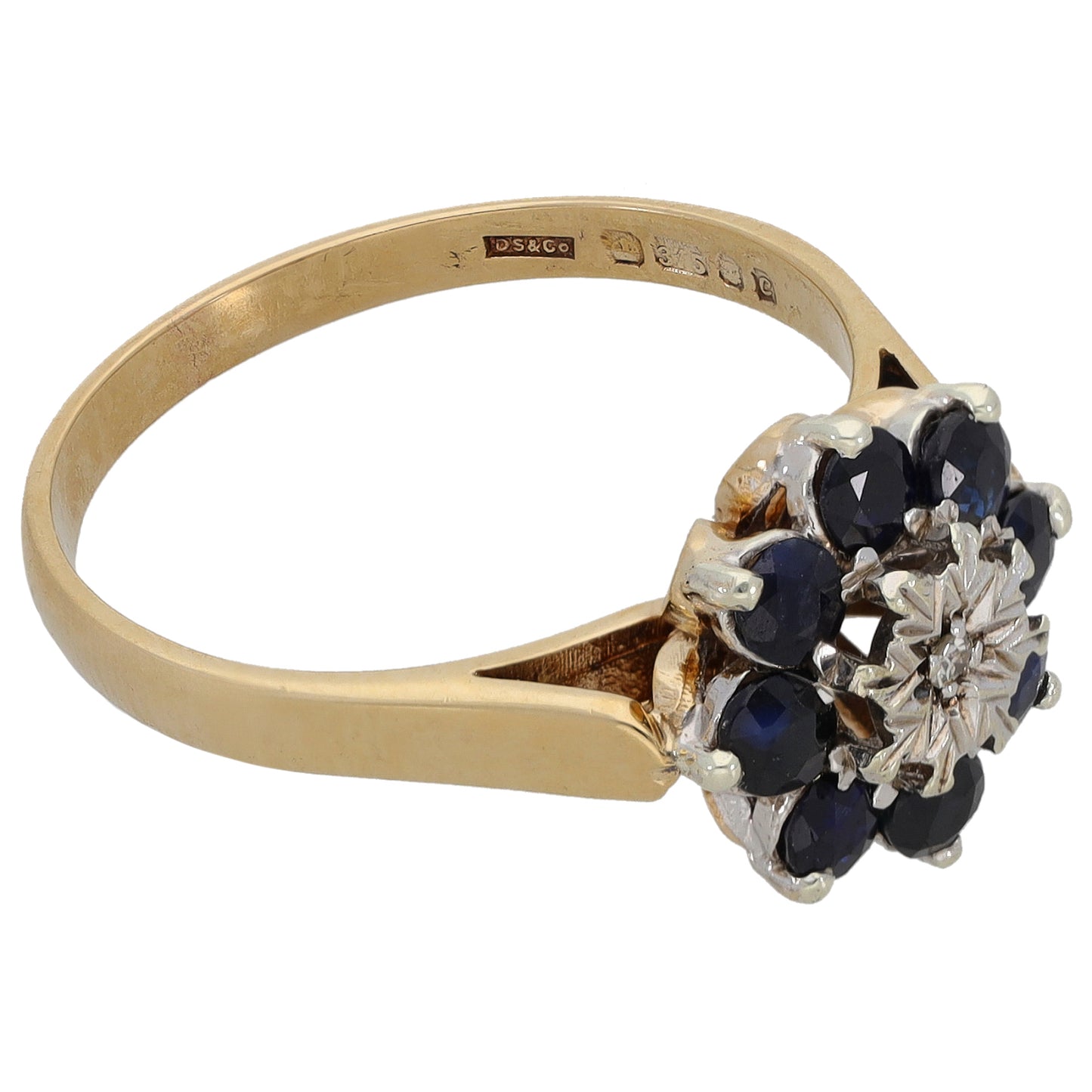 9ct Gold Sapphire & 0.01ct Diamond Cluster Ring Size P