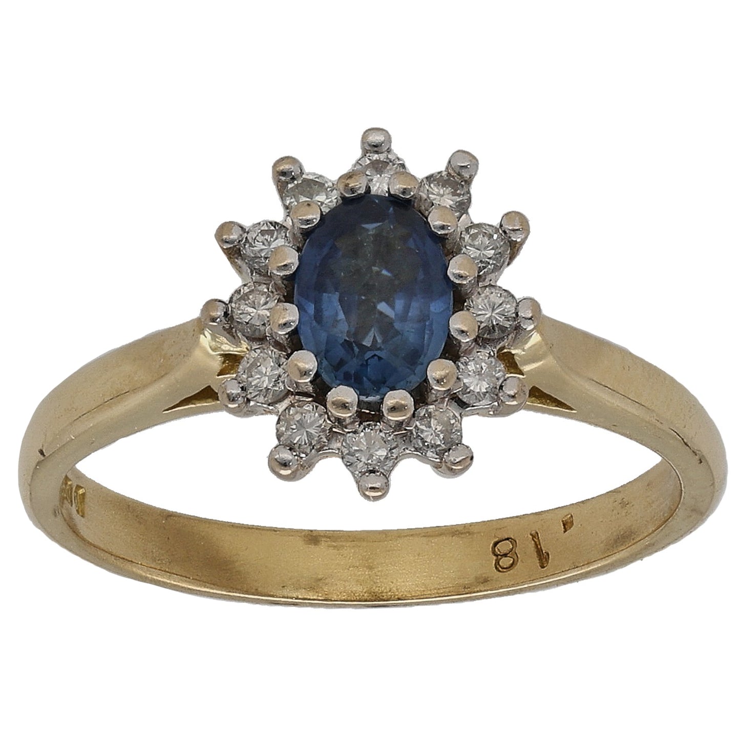 18ct Gold Sapphire & 0.12ct Diamond Cluster Ring Size L