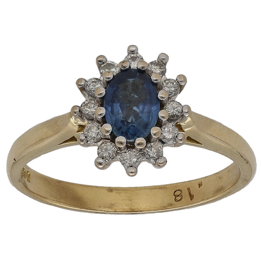 18ct Gold Sapphire & 0.12ct Diamond Cluster Ring Size L
