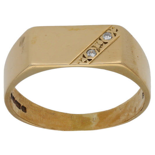 9ct Gold 0.02ct Diamond Patterned Signet Ring Size T