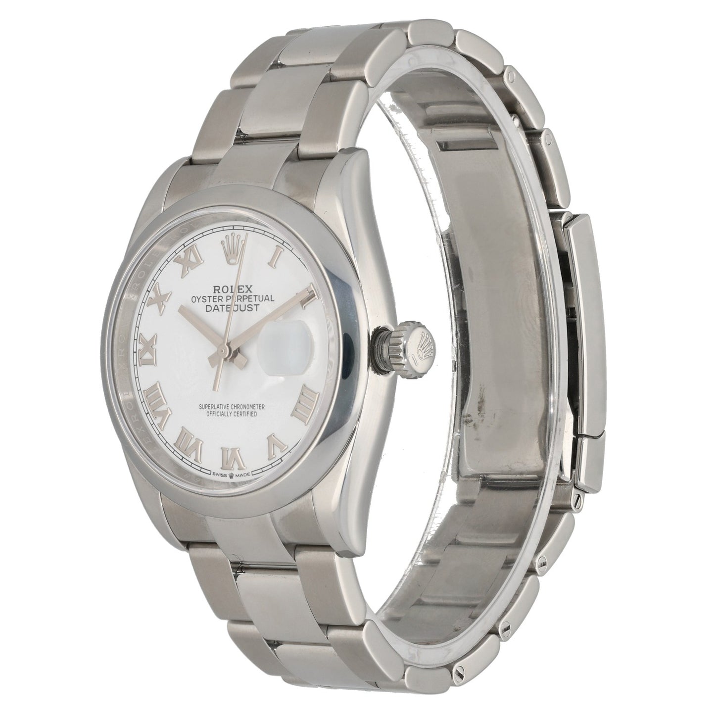 Rolex Datejust 126200, with white dial, silver Roman numeral dials, with stainless steel case and Oyster bracelet, front angle
