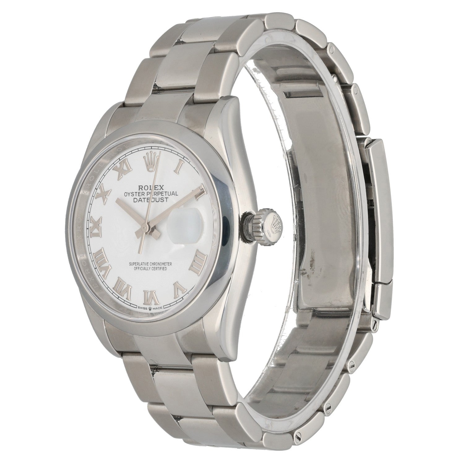 Rolex Datejust 126200, with white dial, silver Roman numeral dials, with stainless steel case and Oyster bracelet, front angle