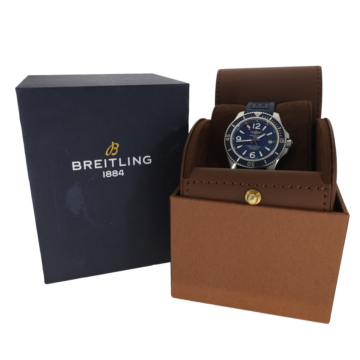 Breitling Superocean Automatic 42 A17366, with blue rubber bracelet and blue dial inside a stainless steel case, in brown leather Breitling carry case