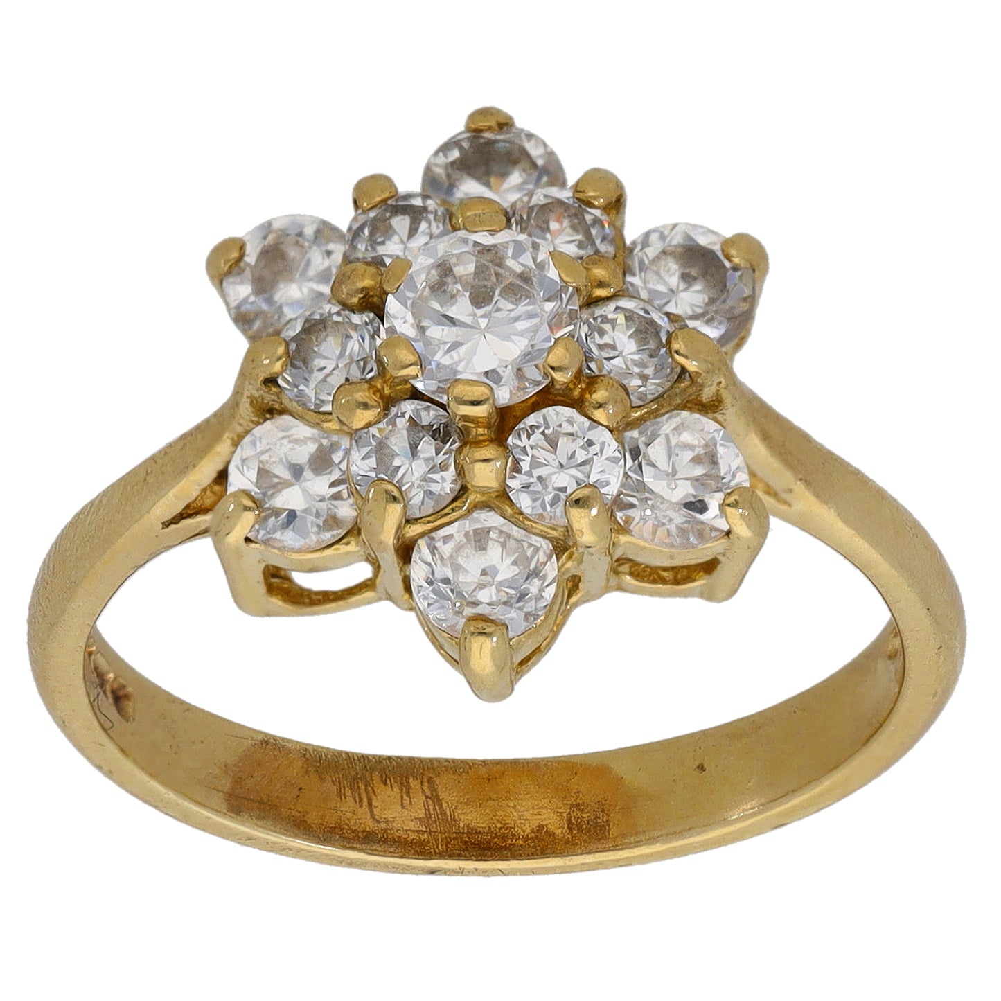 9ct gold CZ cluster ring with round stones, petal-style setting, top view