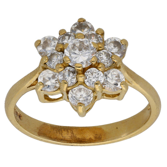 9ct gold CZ cluster ring with round stones, petal-style setting, top view