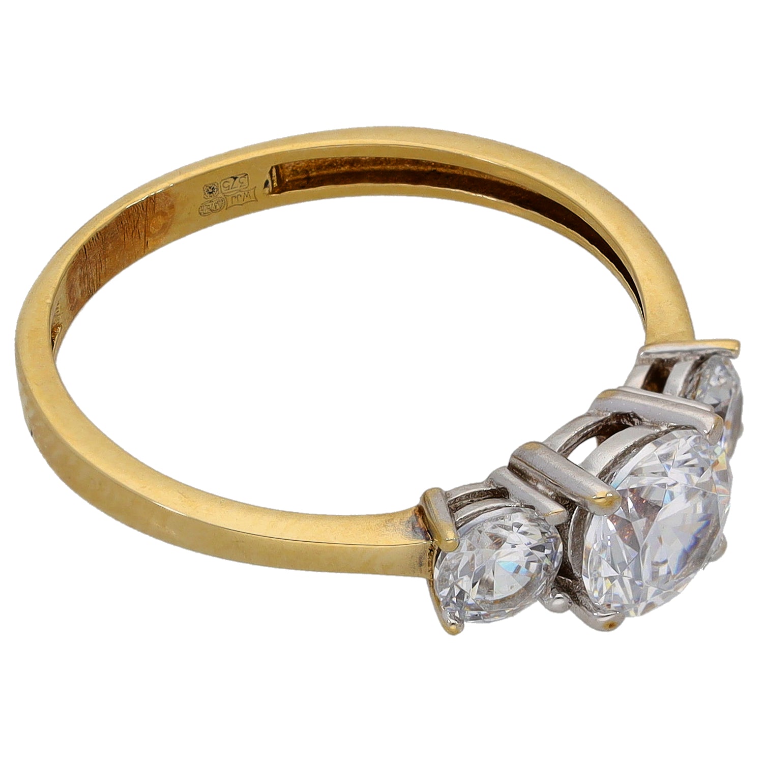 Gold-tone three-stone CZ ring showing side view of round stones and metal hallmark