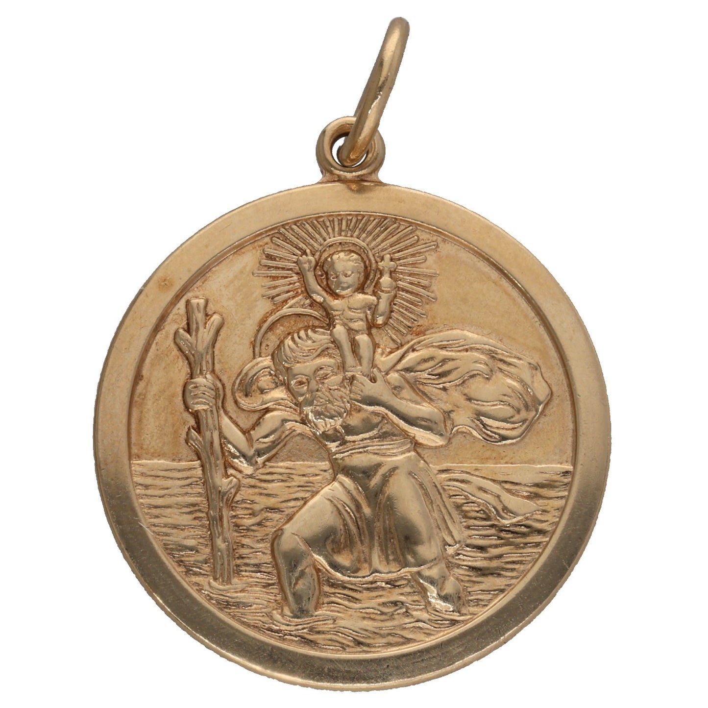 9ct gold St Christopher coin pendant with detailed etched figure and halo