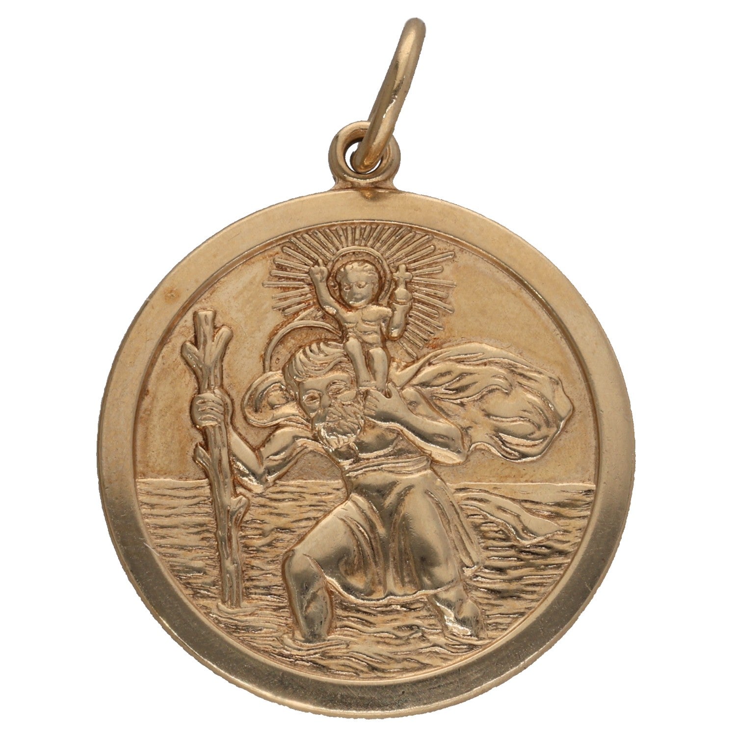 9ct gold St Christopher coin pendant with detailed etched figure and halo