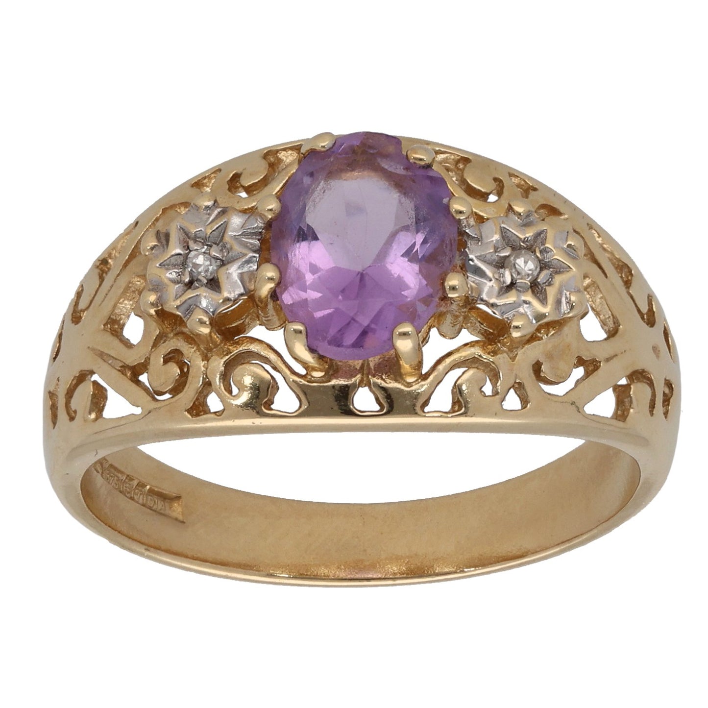 9ct Gold 0.02ct Diamond & Amethyst Three Stone Ring Size P