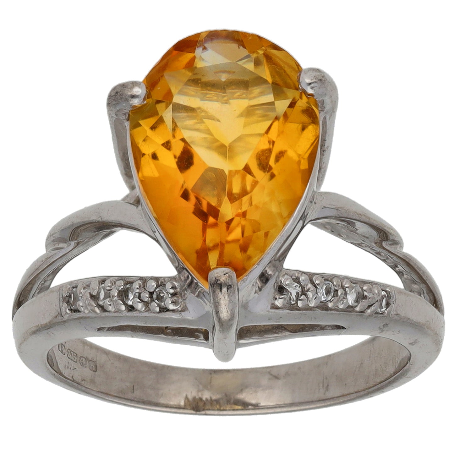 9ct White Gold Citrine & Imitation Gems Dress/Cocktail Ring Size M