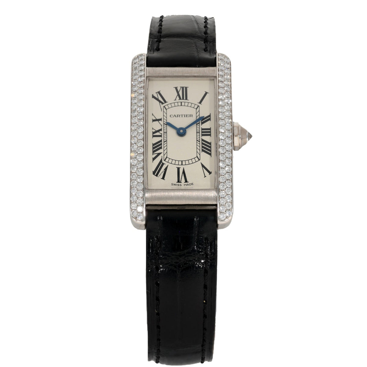 Cartier Tank Americaine WB701851, with cream dial and Roman numerals, with a diamond set bezel over a white gold case