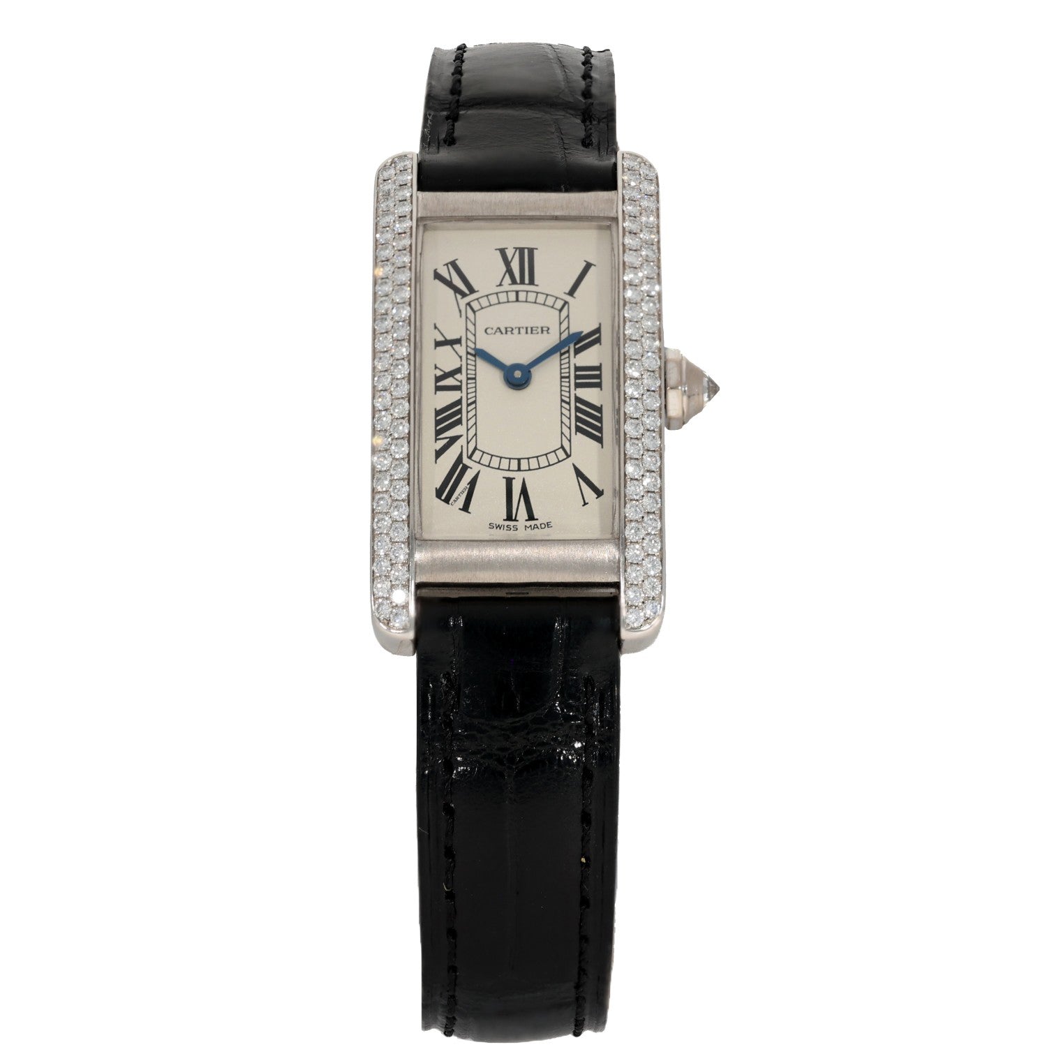 Cartier Tank Americaine WB701851, with cream dial and Roman numerals, with a diamond set bezel over a white gold case