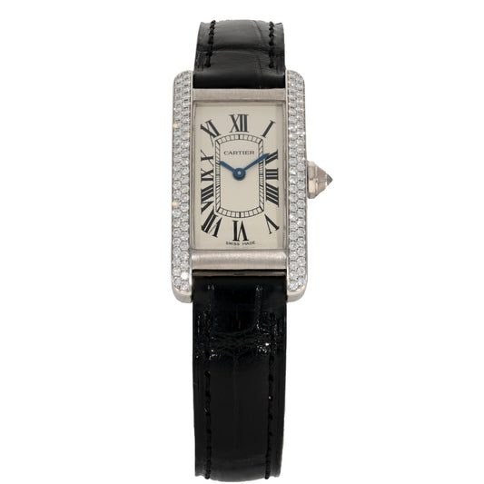 Cartier Tank Americaine WB701851, with cream dial and Roman numerals, with a diamond set bezel over a white gold case