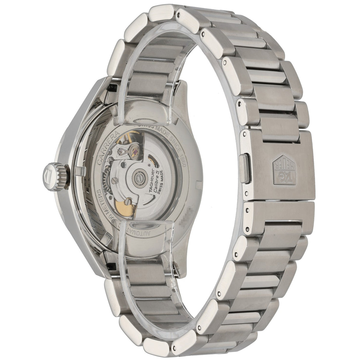 Tag Heuer Carrera WAR201E Stainless steel watch with open caseback showing inner movement and bracelet links