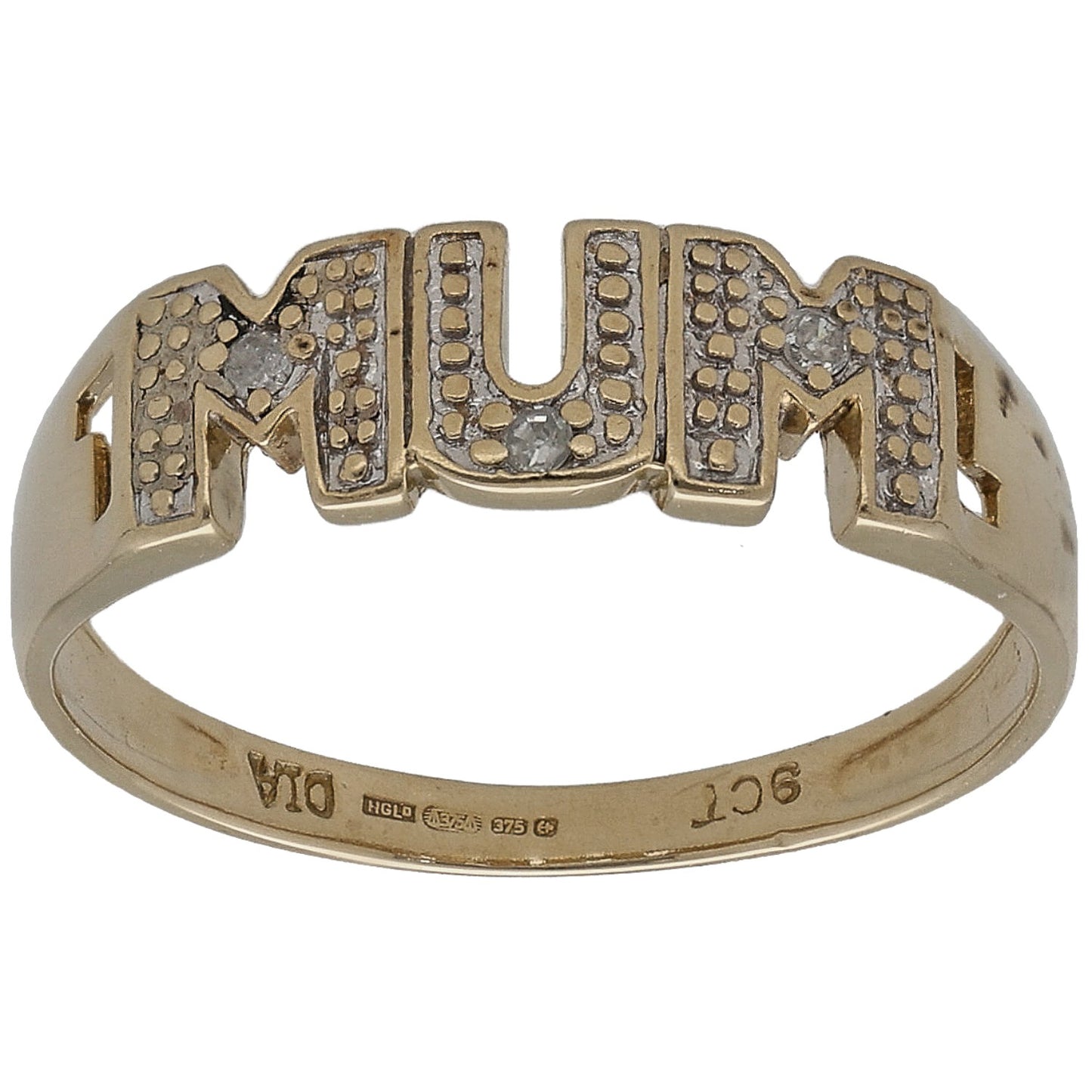 9ct gold Mum ring with round diamond accents, size M