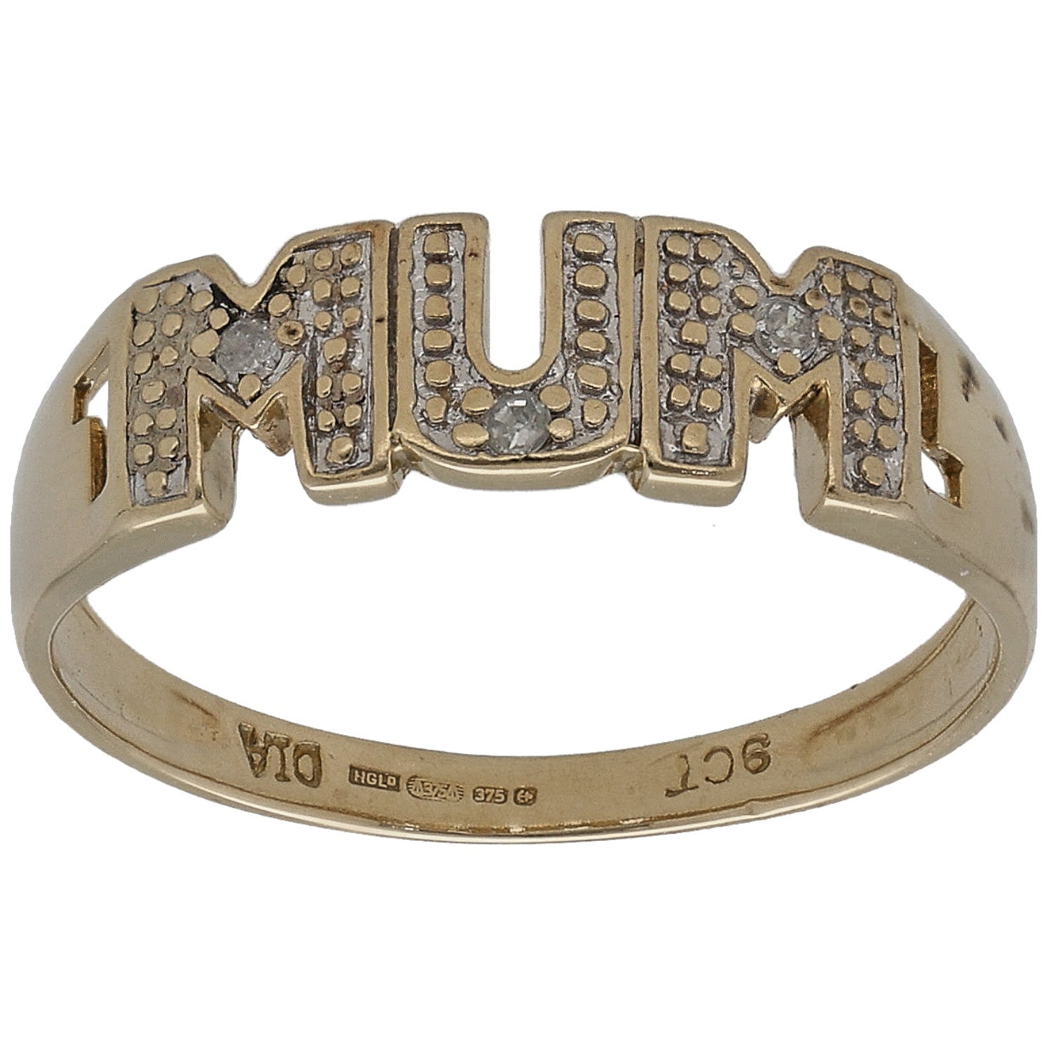 9ct gold Mum ring with round diamond accents, size M