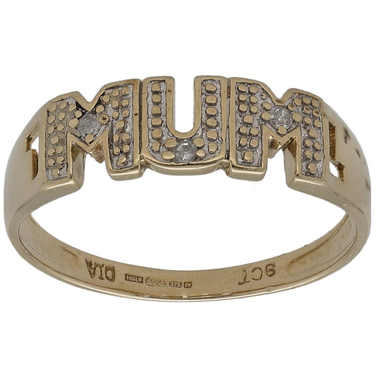 9ct gold Mum ring with round diamond accents, size M