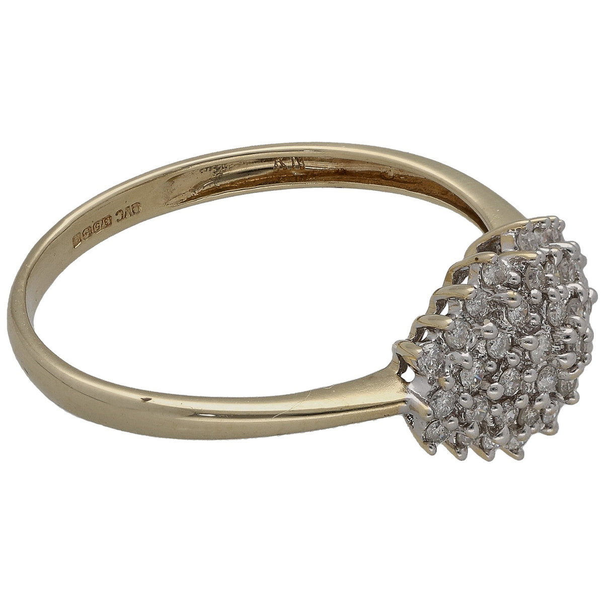 Yellow gold diamond cluster ring, side view with prong-set round stones