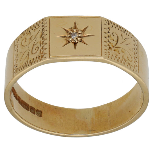 9ct Gold 0.02ct Diamond Single Stone Patterned Signet Ring Size X