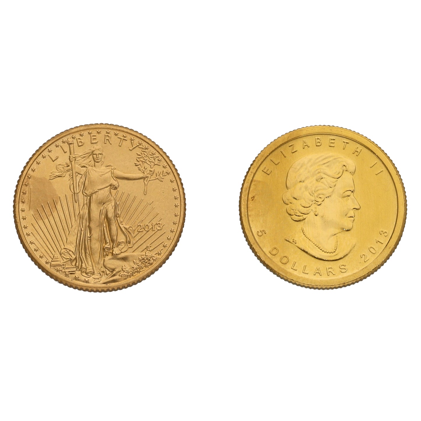 22ct Gold 1/10 OZ American Eagle & 1/10 OZ Canada Maple Coin Set 2013
