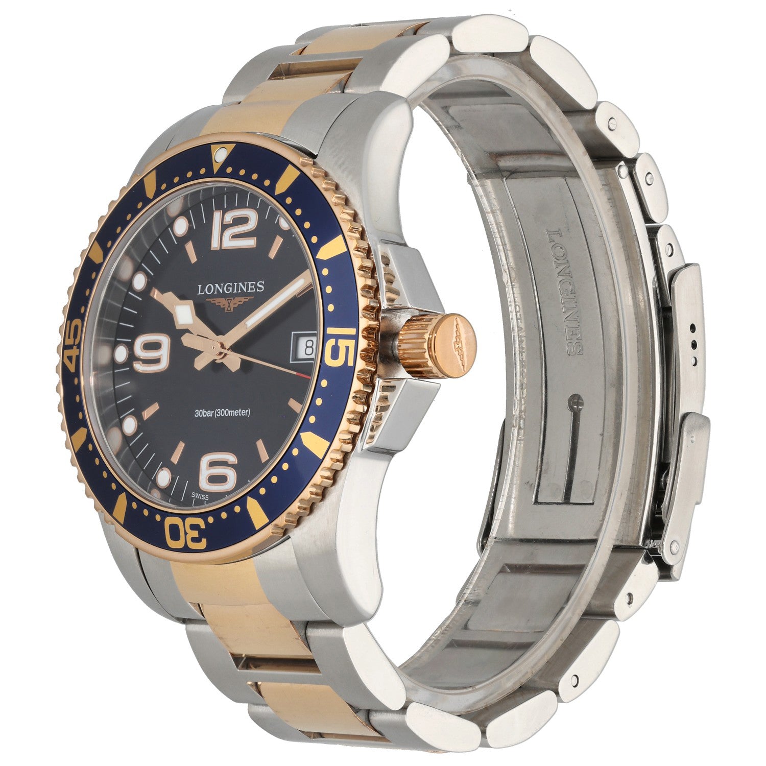 Longines Hydro Conquest L3.7, blue dial and bezel on bi-colour bracelet, front image