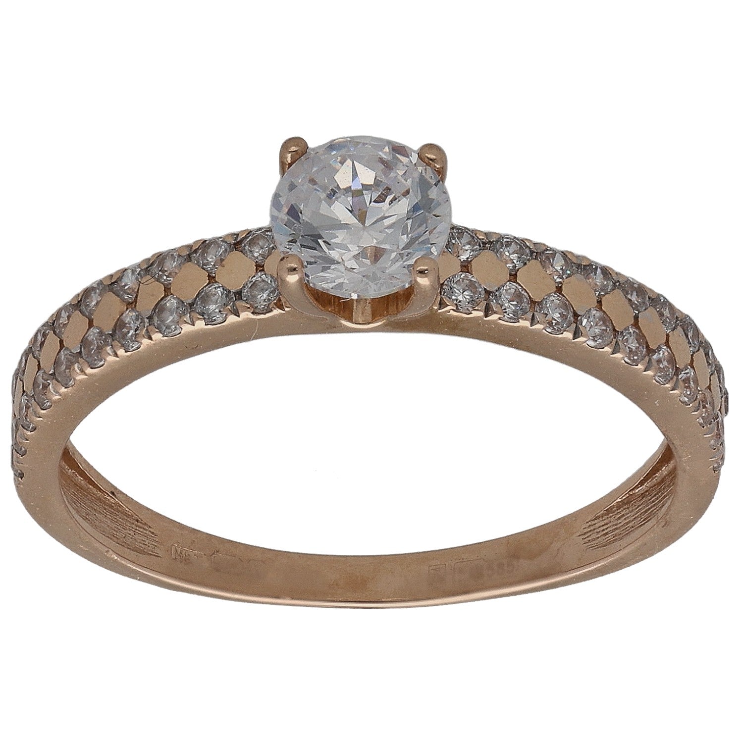14ct rose gold ring with central round clear stone and pavé accents