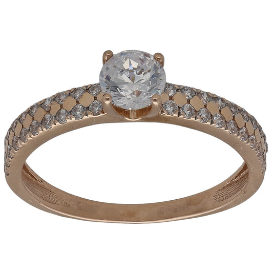 14ct rose gold ring with central round clear stone and pavé accents