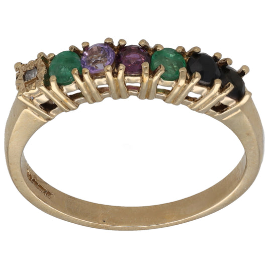 9ct Gold 0.01ct Diamond, Emerald, Amethyst, Ruby & Emerald, Sapphire & Tourmaline Half Eternity Ring Size O
