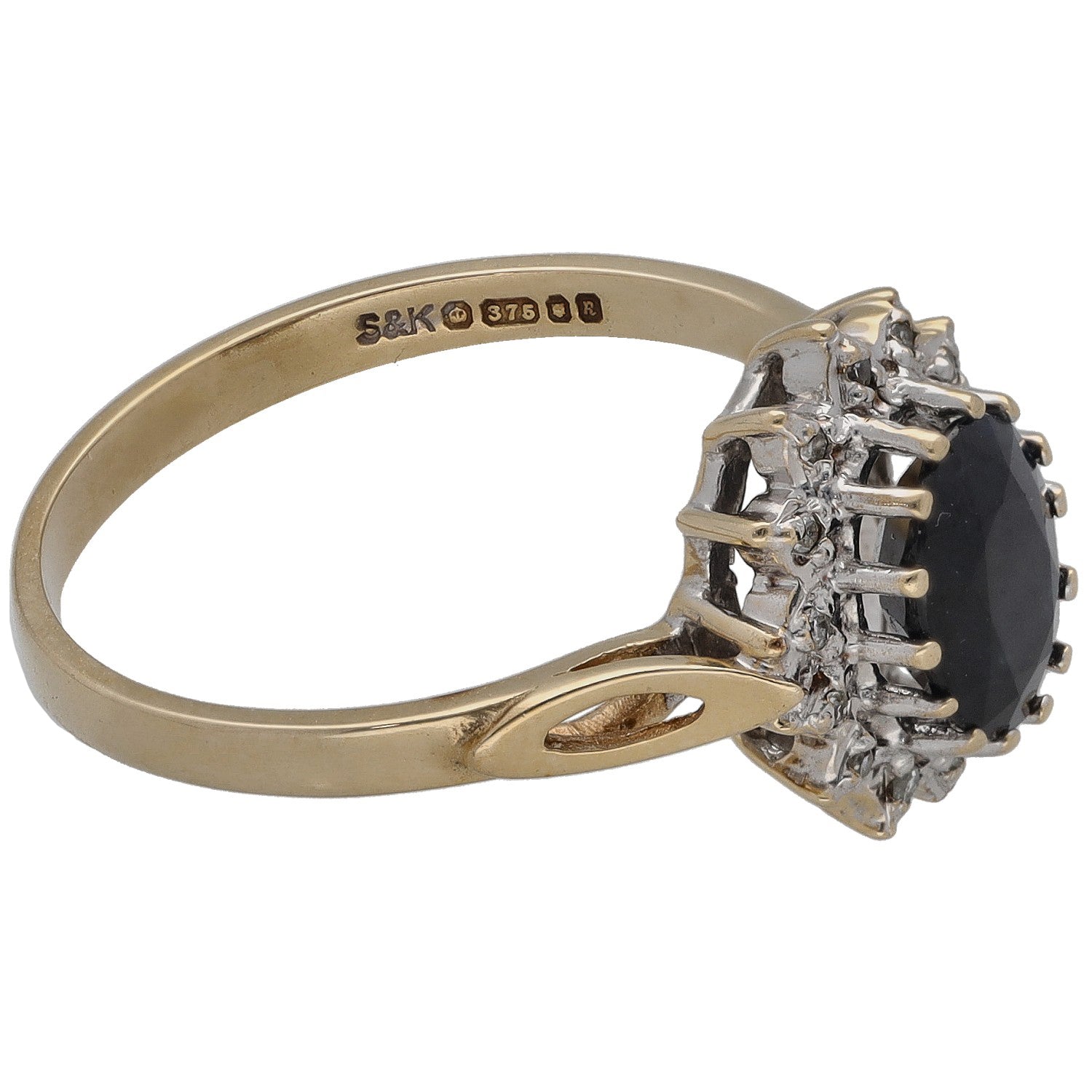 9ct gold ring side view with dark oval gemstone and diamond cluster, engraved band