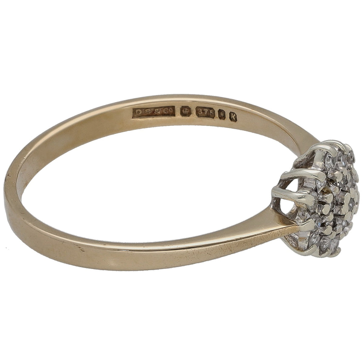9ct gold round diamond cluster ring with round stone top and inside hallmarks visible