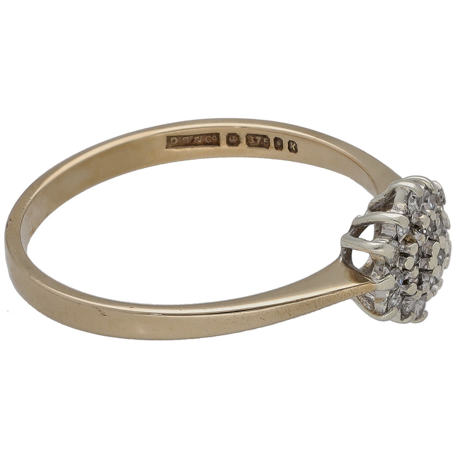 9ct gold round diamond cluster ring with round stone top and inside hallmarks visible